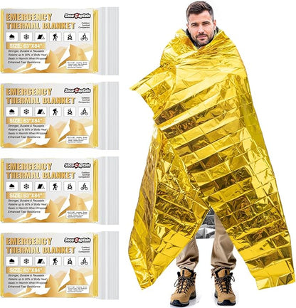 SecuCaptain Survival Emergency Thermal Blankets: Extra Large 84” x63” Space Mylar Blanket Kit for Outdoor Cold Winter Camping Hiking Car Bug Out Bag or First Aid - 4 Pack Gold