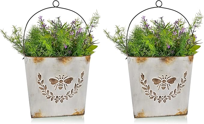 CVHOMEDECO. Farmhouse Wall Mount Metal Flower Pots Rustic Galvanized Bee Flower Holder Wall Hanging Pocket Planter for Indoor, Outdoor and Wall Decor, Set of 2 (Grey)
