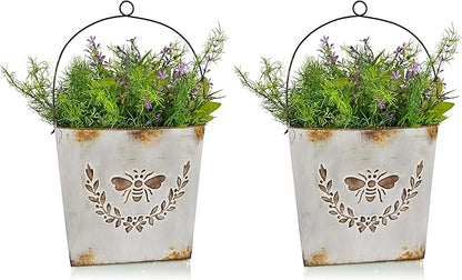 CVHOMEDECO. Farmhouse Wall Mount Metal Flower Pots Rustic Galvanized Bee Flower Holder Wall Hanging Pocket Planter for Indoor, Outdoor and Wall Decor, Set of 2 (Grey)