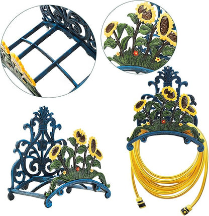 Sungmor Cast Iron Heavy Duty Garden Hose Holder - Decorative Hand-Painted Sunflower Wall Mounted Water Hose Hanger - Wall Decoration Hanging Hose Rack - Hose Reel Storage Butler - Metal Hose Stand