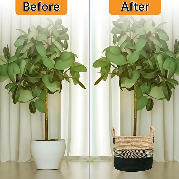 14"x12" Natural Jute Rope Woven Storage Basket with Handles for Plant, Blankets,Toys - Living Room Home Decor,Multifunctional Basket for Organizer,Picnic,Artificial Tree Black and Beige