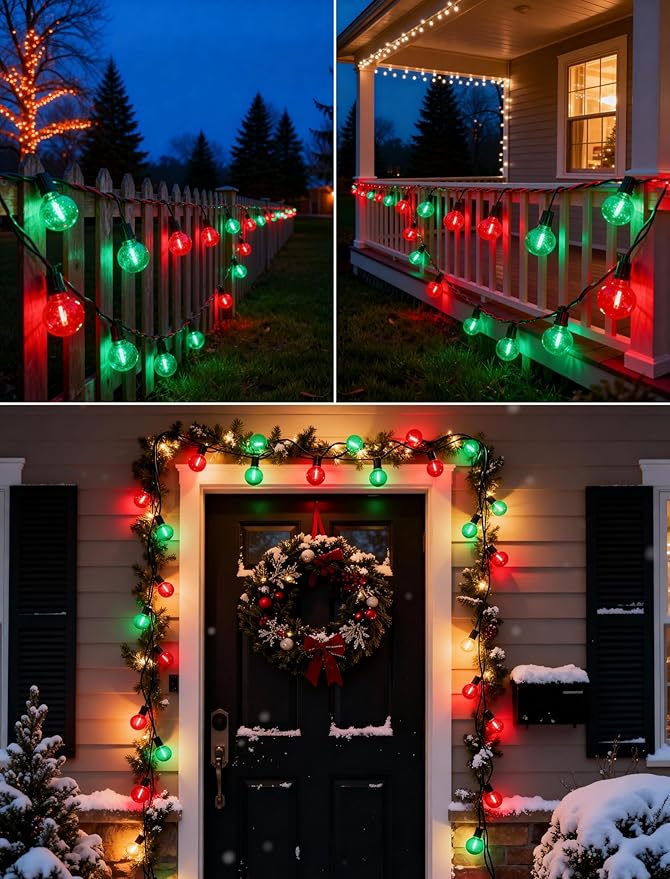 50Ft Clear Red and Green Outdoor LED Lights,G40 Globe Patio Christmas String Lights with 25 Colorful Bulbs(2 Spare),Outside Christmas Hanging Lights for Christmas Tree Roofline Holiday Party