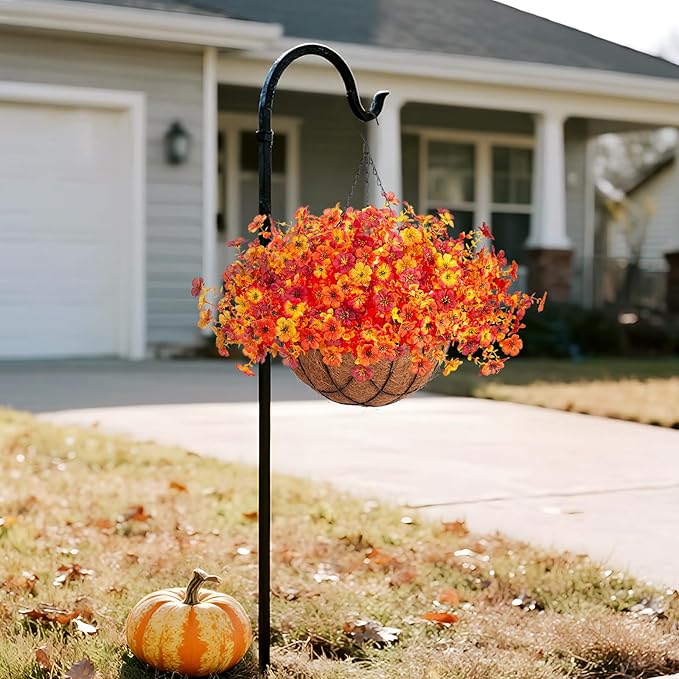 Fake Mums Artificial Fall Flowers with Hanging Baskets Outdoors for Decoration Faux mums for outdoor planters Daisy Flower with Eucalyptus Leaves for Porch Home Patio Balcony and Yard Autumn Decor