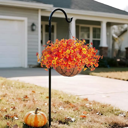 Fake Mums Artificial Fall Flowers with Hanging Baskets Outdoors for Decoration Faux mums for outdoor planters Daisy Flower with Eucalyptus Leaves for Porch Home Patio Balcony and Yard Autumn Decor