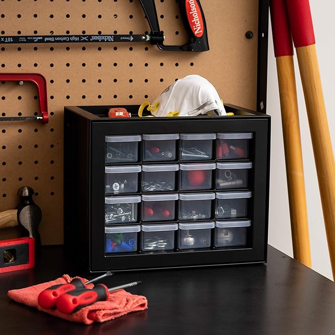 IRIS USA Small Plastic Drawer Organizer, 16-Drawer, Stackable Teacher Toolbox Crayon Small Parts Bead Building Bricks Screw Garage Desk Storage Cabinet, Drink and Water Flavor Packet Organizer, Black