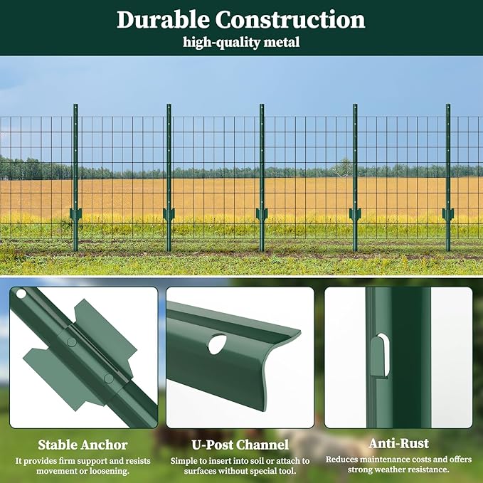 10 Pack Garden Fence Post, 5 Feet Heavy Duty Metal U-Post for Wire Fence, No Dig Garden Fence Stakes for Temporary Fencing, Electric Fence Wire, Corner Anchor, and More-Green