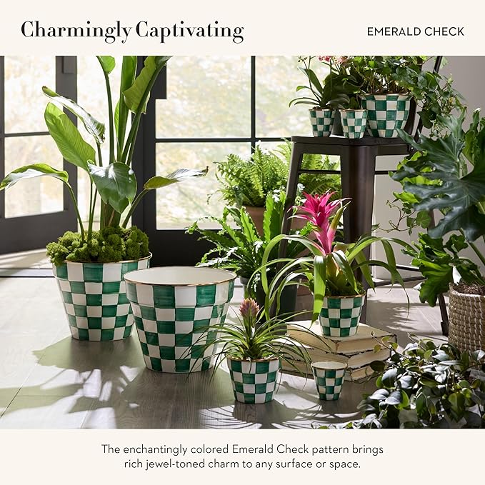 MACKENZIE-CHILDS Enamel Herb Pots, Small Plant Pots for Herbs or Flowers, Set of 3, Green-and-White Emerald Check