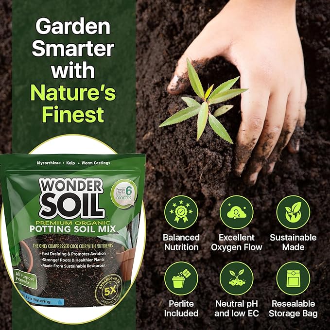 WONDER SOIL Organic Potting Soil | Ready to Plant Coco Coir Fully Loaded with Nutrients | 3 LBS Bag Expands to 12 Quarts of Indoor Outdoor Soil for Gardens & Plants | Incl Worm Castings, Perlite