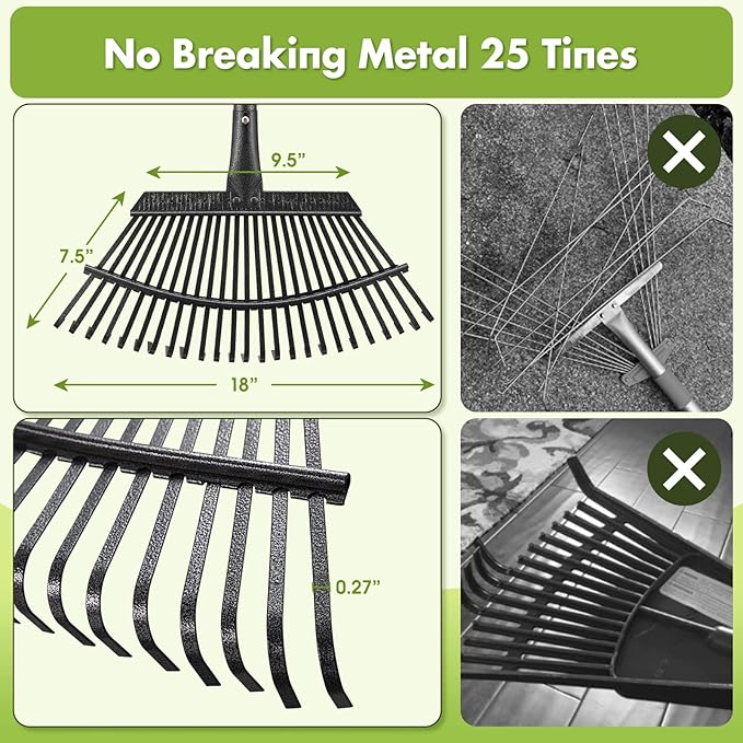 INFLATION Heavy Duty Garden Rake for Leaves for Lawns 65” Length 18” Width Adjustable 25 Tines Sturdy Metal Yard Gardening Leaf Rakes for Women Men with Smooth Comfortable Long Handle