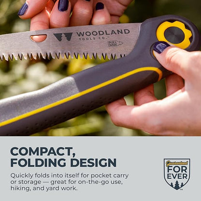 Woodland Tools Duralight Folding Saw – Curved Pruning Saw with Hardened Steel Blade, 3-Position Lock, Soft Grip Handle – Manual Tool for Tree Trimming, Branch Cutting, and Yard Work