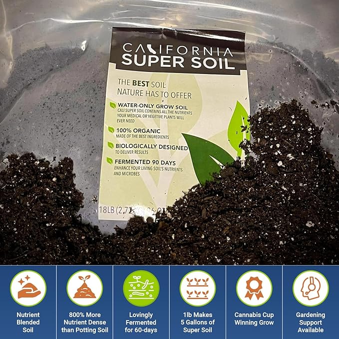 California Super Soil Premium 100% Organic Autoflower Super Soil - 18+ Nutrient Blend - Garden Soil for Indoor Grow Kit - 18Lbs Bag - Grows 6 Plants