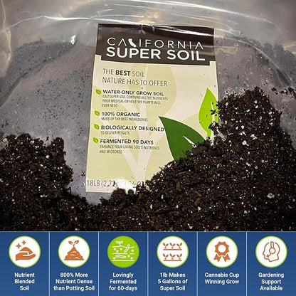 California Super Soil Premium 100% Organic Autoflower Super Soil - 18+ Nutrient Blend - Garden Soil for Indoor Grow Kit - 18Lbs Bag - Grows 6 Plants