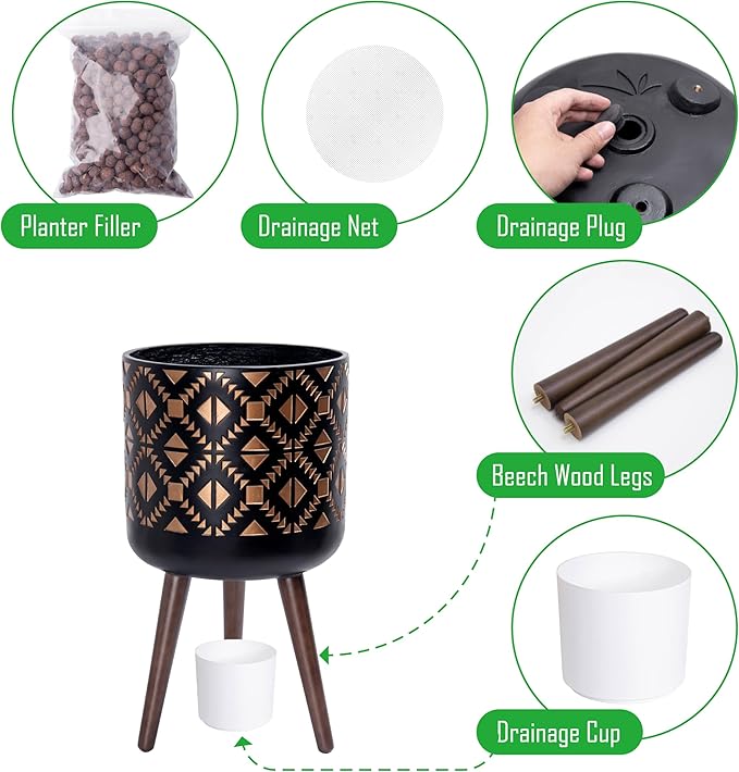 D'vine Dev 12 Inch Planter Pot with Stand, Mid-Century Tall Plant Pot with Legs for Indoor Plants, Bronze/Black, 88-G-C-6