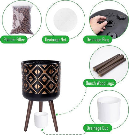 D'vine Dev 12 Inch Planter Pot with Stand, Mid-Century Tall Plant Pot with Legs for Indoor Plants, Bronze/Black, 88-G-C-6