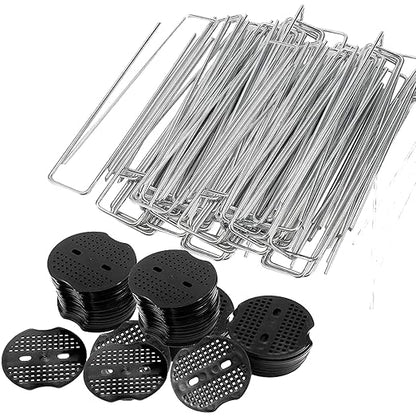 Finderomend 100 Pack Landscape Staples and 100 Pack Gaskets,6" Galvanized Steel Garden Staples 11 Gauge with Black Pads,Landscape Pins Turf Staples for Securing Weed Barrier Fabric Artificial Grass