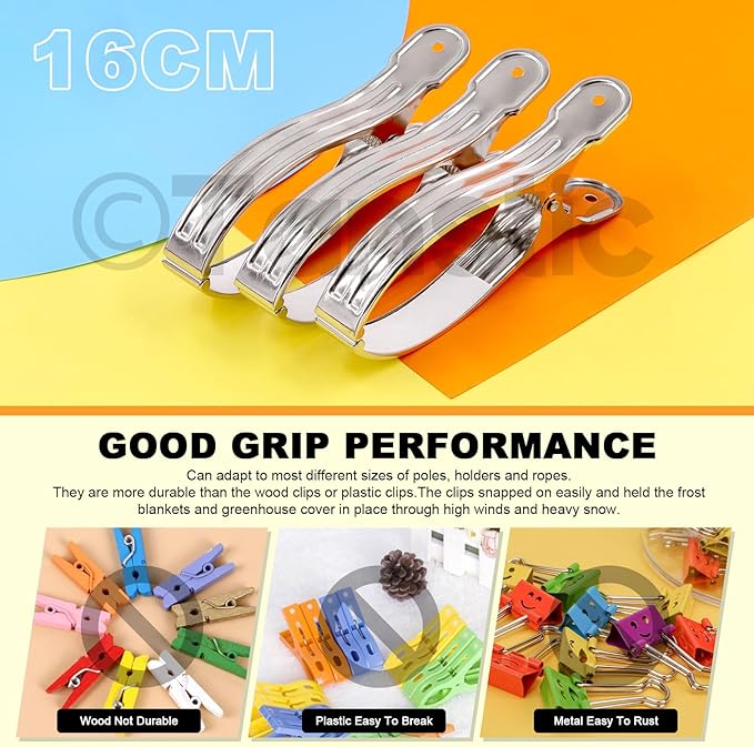 Tanstic 10pcs 6.3 Inch Stainless Steel Greenhouse Clamps Heavy Duty Garden Clips with Strong Grip and Large Open Mouth for Netting Holding