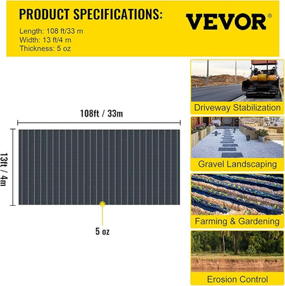 Happybuy Driveway Fabric, 13x108ft Commercial Grade Landscape Fabric, Garden Weed Barrier Fabric Heavy Duty, Geotextile Fabric Underlayment Gravel, Ground Cover Drainage Fabric, Weed Control Blocker