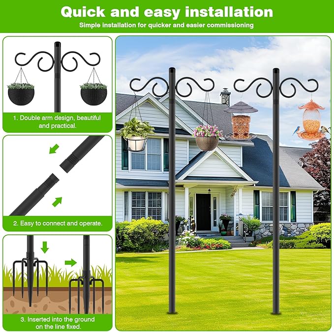 Double Shepherds Hooks for Outdoor,1 Pack 90 Inch Bird Feeder Pole with 5 Prongs Base,Heavy Duty Shepherds Hook,Suitable for Garden in Hanging Flower Basket,Lantern,Bird Nests (1 Pack 90 inch)