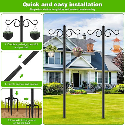 Double Shepherds Hooks for Outdoor,1 Pack 90 Inch Bird Feeder Pole with 5 Prongs Base,Heavy Duty Shepherds Hook,Suitable for Garden in Hanging Flower Basket,Lantern,Bird Nests (1 Pack 90 inch)
