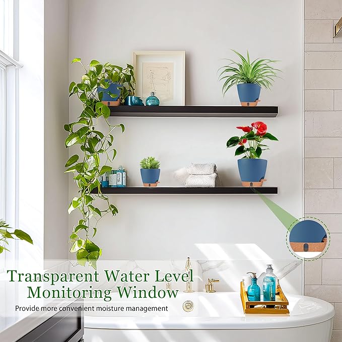 Self Watering Pots for Inoor Ourdoor Plants 8/7/6.5/6/5 Inch Plastic Planters with Drainage Holes & Water Level Indicator, Decorative House Flower Nursery Planting Pots with Saucers (Navy Blue)