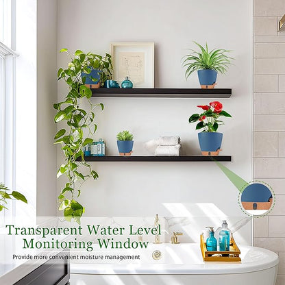 Self Watering Pots for Inoor Ourdoor Plants 8/7/6.5/6/5 Inch Plastic Planters with Drainage Holes & Water Level Indicator, Decorative House Flower Nursery Planting Pots with Saucers (Navy Blue)