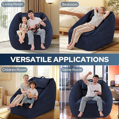 HABUTWAY Inflatable Bean Bag Chairs for Adult Blow up Chair Portable Inflatable Bean Bag Couch w/Electric Air Pump,Handle & Side Pocket for Movie Night Reading Gaming Living Room - Navy Blue