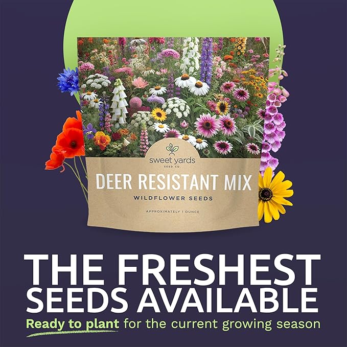 Deer Resistant Wildflower Seed Mixture - Bulk 1 Ounce Packet - Over 15,000 Deer Tolerant Seeds - Open Pollinated and Non GMO