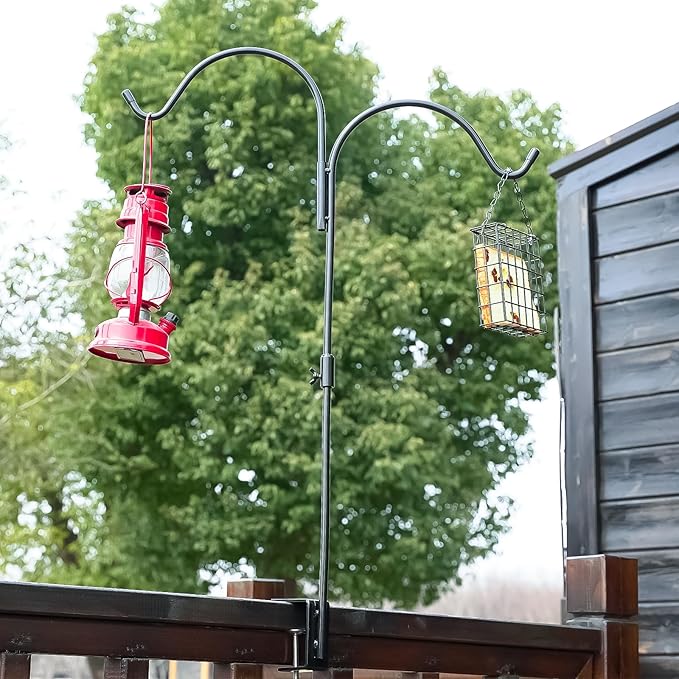 Gtongoko 35 Inch 2 Pack Double Deck Hook for Railing, Deck Bird Feeder Pole with 3 Inch Strengthened Clamp for Hanging Bird Feeders, Lanterns, Wind Chimes, Flower and Plant Baskets