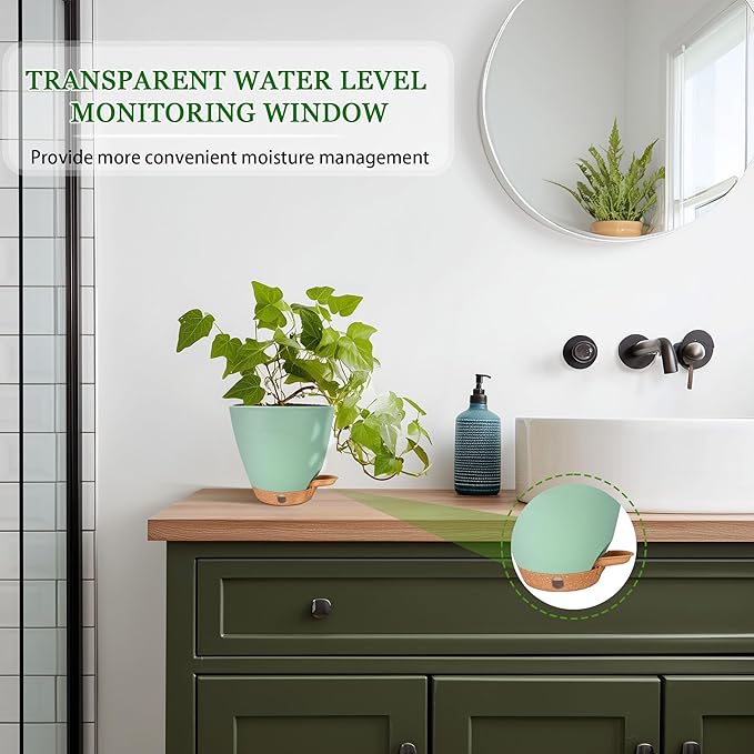 6 Inch Self Watering Pots for Indoor Plants (5-Pack) – Small Plastic Planters with Water Window, Drainage Holes & Trays, Indoor Outdoor Flower Pots for Herbs, Succulents, Home Garden Decor (Green)