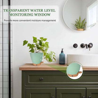6 Inch Self Watering Pots for Indoor Plants (5-Pack) – Small Plastic Planters with Water Window, Drainage Holes & Trays, Indoor Outdoor Flower Pots for Herbs, Succulents, Home Garden Decor (Green)