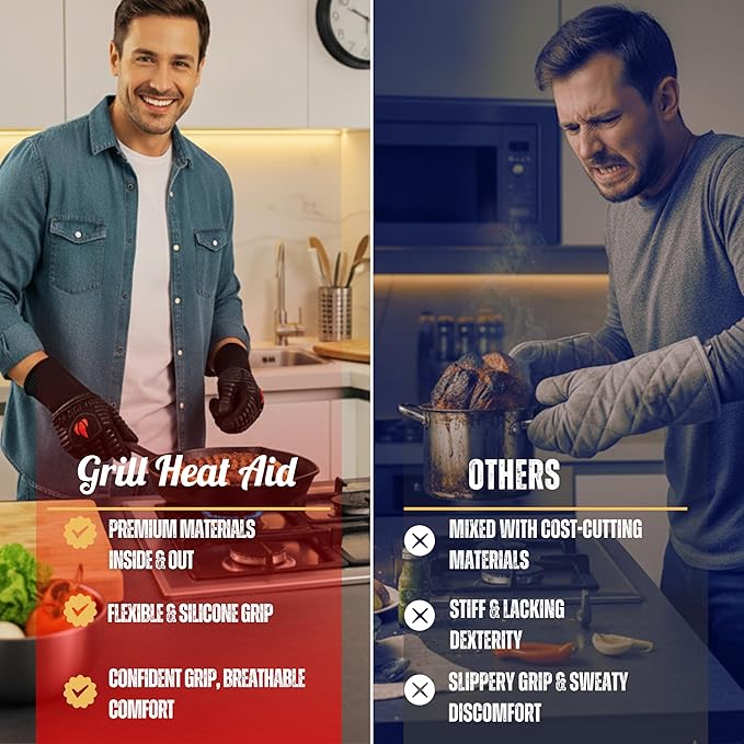 GRILL HEAT AID BBQ Grill Gloves 1472°F - Extreme Heat Resistant Oven Mitts for Grilling, Smoker & Fire Pit with Silicone Grip & EN407 Cut Resistance - Mid Cuff, Black