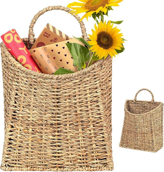 Woven Hanging Seagrass Baskets, Hanging Wall Wicker Basket, Handmade Organizer Baskets, Hanging Flower Basket for Shelves, Walls, Doors, Balconies, Front of House, Garden,...(Seagrass)