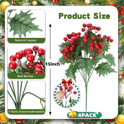 4 Bundles Artificial Christmas Flowers with Red Berry Stems, Fake Norfolk Pine Garland Branches for Winter Decor, Faux Christmas Garland Tree Picks and DIY Crafts (Green Foliage)