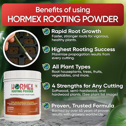 Hormex Rooting Powder #16 (1.60 IBA) - Fast-Acting Rooting Hormone for Difficult Hardwood & Tree Cuttings - Root Stimulator for Plant Cloning - Strong Growth for Maximum Propagation Success, 1LB
