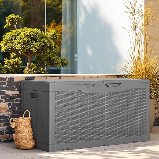 Greesum Outdoor Storage Box 100 Gallon Storage Bin with Lid for Patio Furniture, Garden Tools, Pool Supplies, Lockable, Waterproof and UV Resistant, Gray