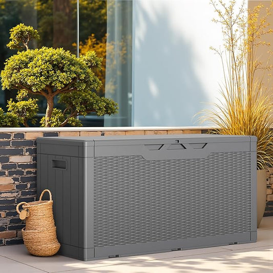 Greesum Outdoor Storage Box 100 Gallon Storage Bin with Lid for Patio Furniture, Garden Tools, Pool Supplies, Lockable, Waterproof and UV Resistant, Gray
