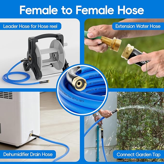 SPECILITE Female to Female Hot/Cold Garden Water Hose 15 ft x 5/8 Inch for Hose Reel, -50℉To 190℉, Heavy Duty, Flexible, Burst 605 Psi, Rubber Extension Pipe with 3/4" Brass Fittings