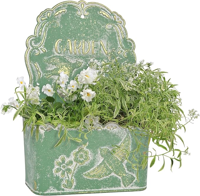 BIG FORTUNE Metal Wall Mount Planter Wall Vases for Flowers Shabby Chic Decor for Rustic Farmhouse Outdoor Decor (Green)