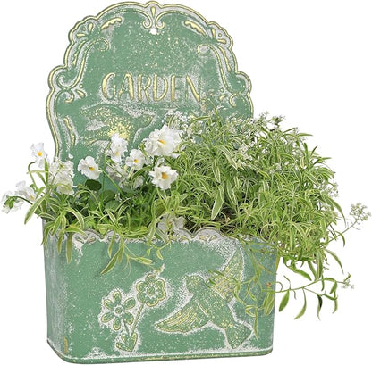 BIG FORTUNE Metal Wall Mount Planter Wall Vases for Flowers Shabby Chic Decor for Rustic Farmhouse Outdoor Decor (Green)