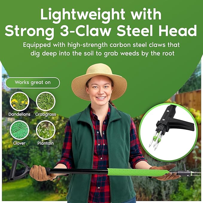 Garden Guru Stand Up Weeder Weed Puller Tool – Long Handle up to 45-Inch – Heavy Duty 3 Claw Weeder with Foot Pedal – No Bending or Kneeling – Great for Dandelions, Thistle, Grass (4 Pack)