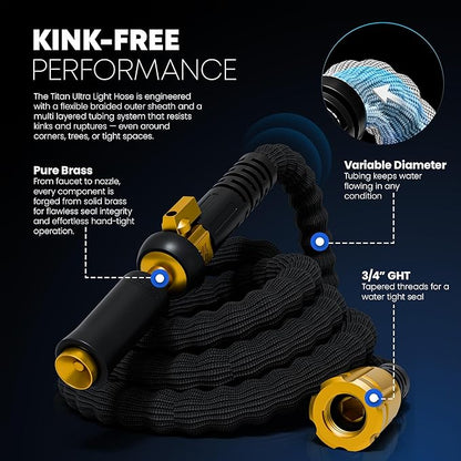 TITAN Flexible Garden Hose 10FT – Ultra Lightweight, Heavy Duty Water Hose with Brass Fittings & Jet Nozzle – Kink-Free, Non-Expanding, Durable Fabric Hose for Yard, Lawn, Car Wash, Outdoor Use