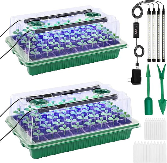 Seed Starter Tray with Timed Grow Light, 2 Pack 80 Cells Plant Starter Tray Seedling Starter Kit with Humidity Domes Base Indoor Mini Greenhouse Plant Germination Trays for Seeds Growing Starting
