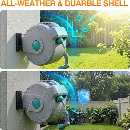 AXTRIM 100 ft x1/2 in Retractable Garden Hose Reel, Premium Wall Mounted Water Hose Reel with 10-Pattern Spray Nozzle, Any Length Lock, Slow Return System, 180° Metal Swivel Bracket, Anti-UV