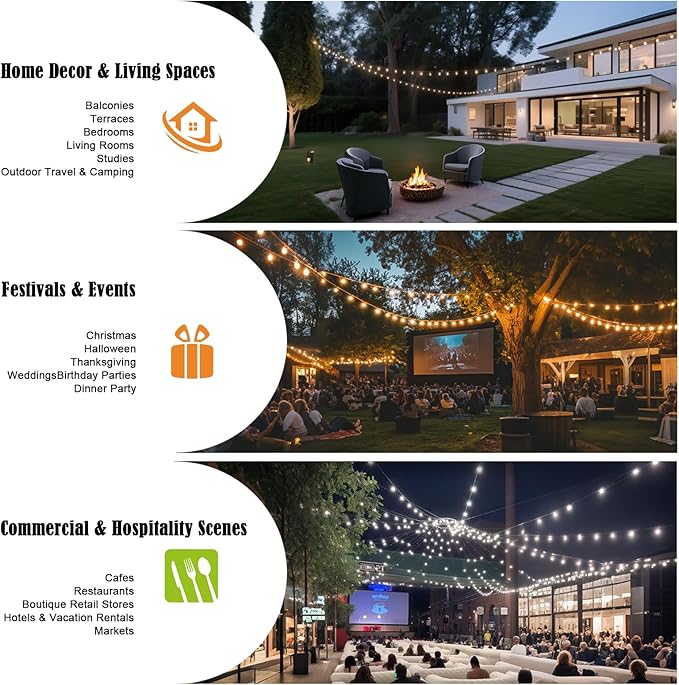 25FT LED Outdoor String Lights Waterproof Shatterproof with 25 Clear Plastic Bulbs & 2 Spares, White Wire for Cafe Garden Balcony Party Decor