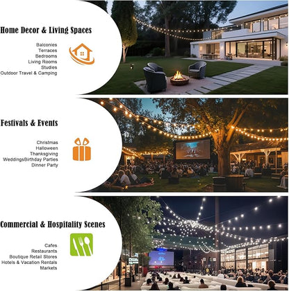 25FT LED Outdoor String Lights Waterproof Shatterproof with 25 Clear Plastic Bulbs & 2 Spares, White Wire for Cafe Garden Balcony Party Decor