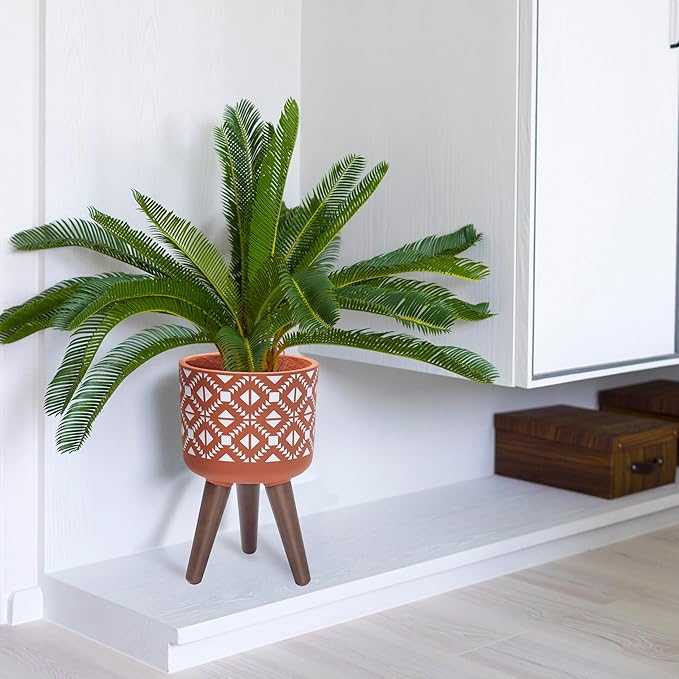 D'vine Dev 8 Inch Planter Pot with Stand, Mid-Century Tall Plant Pot with Legs for Indoor Plants, Pottery Red Terracotta/White, 88-G-A-5