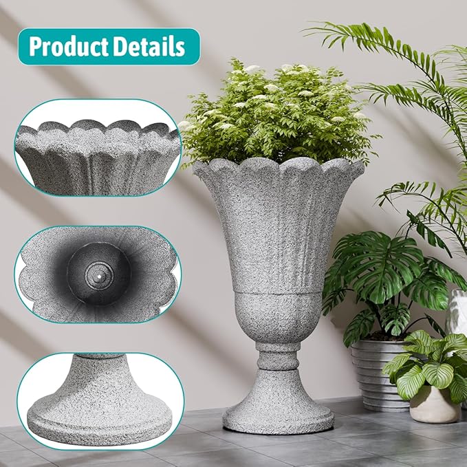 Tall Plastic Urn Planters for Outdoor Plants Set of 2-23.6" H Classic Petal Design Indoor Large Flower Pots with Drainage Holes, Outdoor Planters for Porch Decor/Garden Vase, Grey
