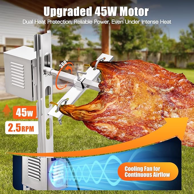 Jocisland Electric Rotisserie Grill Kit with Windscreen, 46" Height-Adjustable Charcoal Roaster, 132 Lbs Capacity, 45W Motor, Stainless Steel Spit with Lockable Wheels for Outdoor Camping