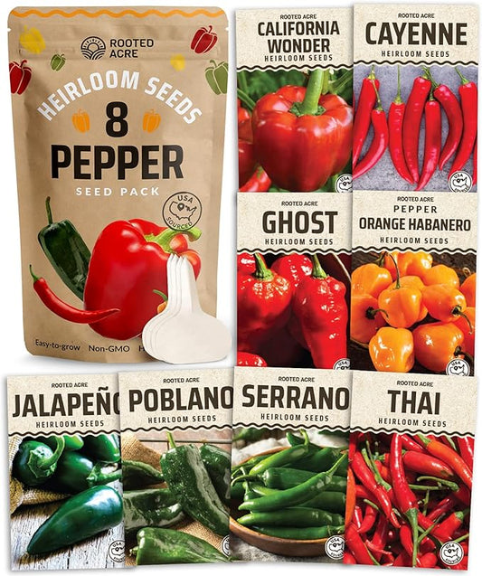 Rooted Acre 8 Varieties Hot Peppers – 240 Heirloom Seeds, High Germination – Includes Ghost, Jalapeño, Serrano, California Wonder & More – Spicy Pepper Garden Mix
