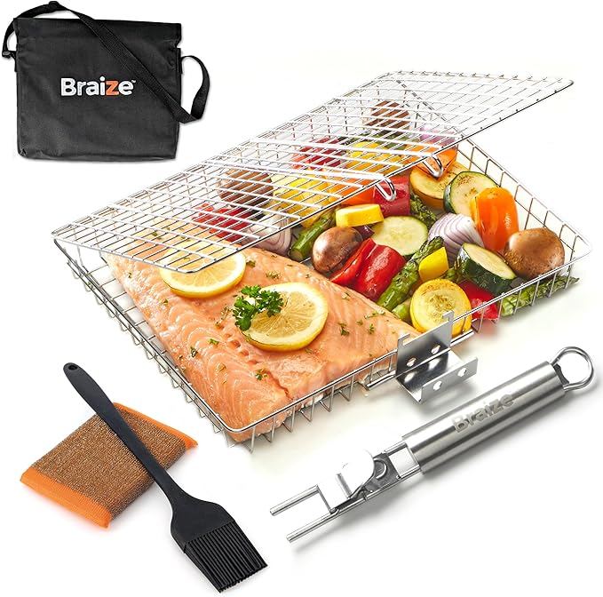 Stainless Steel Large Grill Basket with Removable Handle, Easy Open/Close Lid, Included Silicone Basting Brush & Steel-fiber Scrub Sponge - Perfect for Outdoor Cooking, BBQ, and Camping (12.25 x 9.5 x 1.5 Inches)